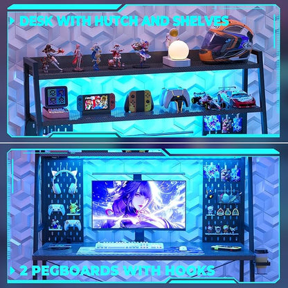 Small Gaming Desk with Hutch and LED Lights, Gaming Computer Desk with Power Outlets, Gamer Desk with Storage Shelves, Game Desks with Pegboards for Bedroom Small Spaces, Black, 43"