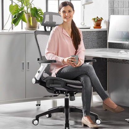COLAMY Ergonomic Mesh Office Chair with Footrest, High Back Computer Executive Desk Chair with Headrest and 4D Flip-up Armrests, Adjustable Tilt Lock and Lumbar Support-Grey