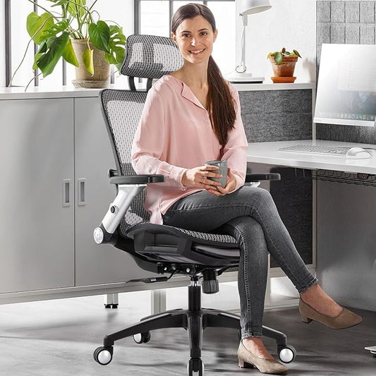 COLAMY Ergonomic Mesh Office Chair with Footrest, High Back Computer Executive Desk Chair with Headrest and 4D Flip-up Armrests, Adjustable Tilt Lock and Lumbar Support-Grey