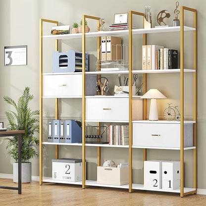 73.6" Tall Bookshelf with 3 Drawers and 16 Storage Shelves, Industrial Bookcase with 16 Open Display Shelves, Large Etagere Bookshelf, Triple Wide Book Shelf Book Case for Home & Office, Gold