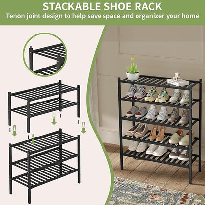 3 Tier Bamboo Shoe Rack for Closet Free Standing Wood Shoe Shelf Storage Organizer for Entryway Small Space Stackable 27"x11"x20" (Black)
