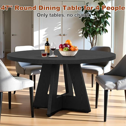 Round Dining Table for 4, 47 Inch Dinner Table Farmhouse Wooden Circle Kitchen Tables with Cross Base for Dining Room, Kitchen, Living Room, Black