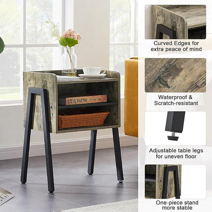 VECELO Night Stand Industrial End Table,Bedside Table with 2-Tier Open Storage Compartments for Bedroom, Living Room and Small Spaces