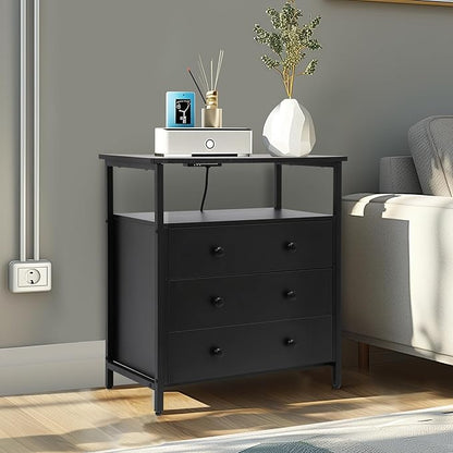 3 Wooden Drawers Nightstand, 27 Inch Wide Night Stand Set 2 with Charging Station and Adjustable Drawers, Bedside Table for Living Room/Bedroom/Office, Black.
