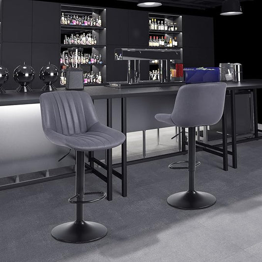 Bar Stools Set of 3, Swivel Counter Height Barstools with Back, Adjustable PU Leather Bar Chairs, Modern Armless Kitchen Island Stool, Dark Grey