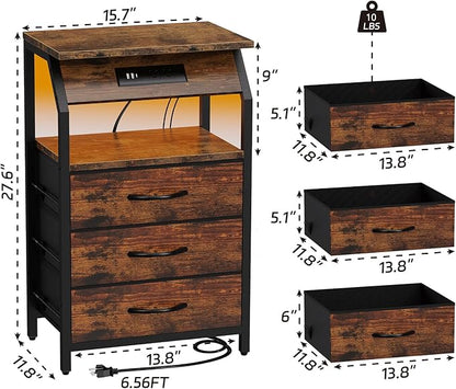 End Table with Charging Station, Nightstand with LED Lights and 3 Drawers, Small Dresser with Fabric Storage, Retro Side Table for Bedside, Living Room Dorm, Rustic Brown