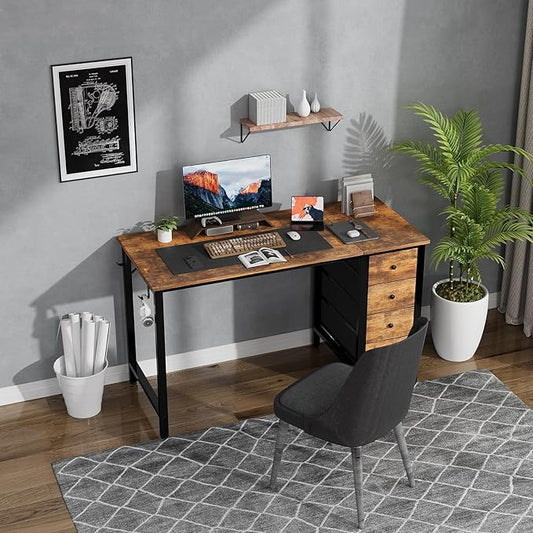Lufeiya 47 inch Computer Desk with 4 Fabric Drawers, Reversible Writing Work Study Desk for Home Office Bedroom, Modern Simple Student PC Desks, Rustic Brown