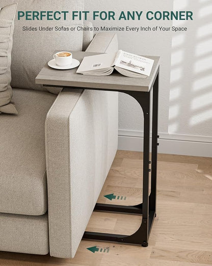C-Shaped Side Table for Couch - Small Coffee Stand Sofa Tray Desk with Metal Frame and Waterproof Scratch Resistant, Modern End Accent for Living Room, Bedroom, Small Spaces, Greige