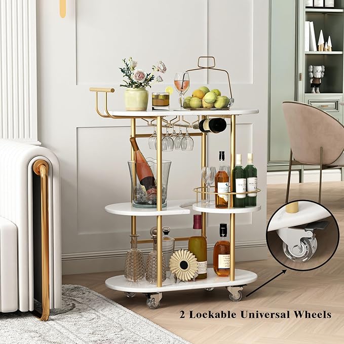 3 Tier Gold Bar Carts for Home Bar Serving Cart with Wheels, Heavy Duty Bar Wine Cart with Storage Shelves, for The Living Room, Kitchen, Bar, Party