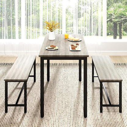 Rovibek Dining Room Table Chairs Set for 4, Modern Space Saving Kitchen Table with 2 Benches & Adjustable Feet Breakfast Table, Farmhouse Wooden Industrial Style, 43", Grey