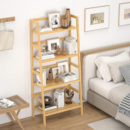 Homykic Bamboo Bookshelf 4-Tier Ladder Shelf, 49.2” Freestanding Open Bookcase Book Shelf Bathroom Storage Shelf Unit Plant Stand for Small Space, Bedroom, Living Room, Home Office, Natural