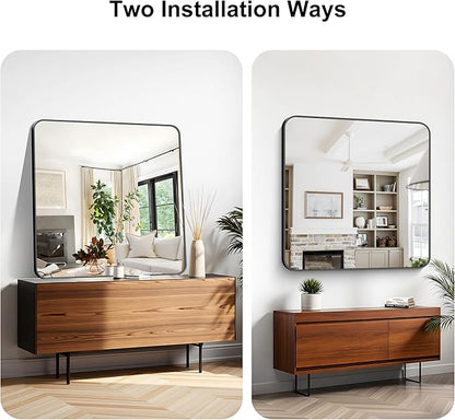 KOCUUY Black Bathroom Mirror 40"x40", Large Square Vanity Mirror with Rounded Corner, Metal Black Frame with Mordern Design for Bathroom, Living Room, Entryway, Hang Horizontal/Vertical