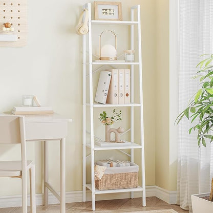 Ladder Shelf, Bookshelf Bookcase, Freestanding Corner Storage Shelve with 2 Hooks for Home Office, Living Room, Kitchen, Bedroom, Industrial, 5-Tier White BC19213W