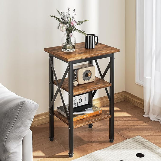VECELO End Table Set of 2, Bedside Table, 24" Tall Living Room End Tables, X-Design Reinforced Nightstands, Side Table with 3-Tier Storage Shelves for Small Spaces, Office, Bedroom, Rustic Brown
