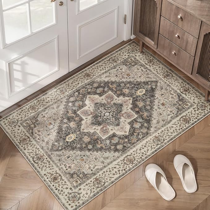 Tangsoo 2x3 Washable Rugs for Entryway, Vintage Non Slip Small Area Rug, Indoor Front Door Rug, Door Mat Small Carpet, Soft Low Pile Entry Rug for Entrance Kitchen Bedroom Print Distressed Grey/Brown