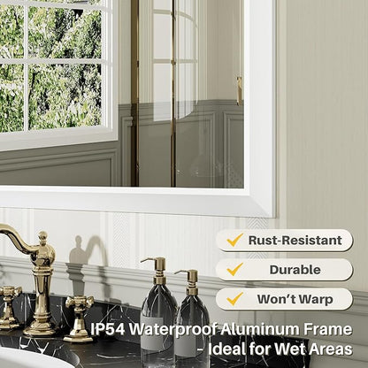 60x40 Inch White Bathroom Mirror for Wall, Thick Metal Framed Rectangle Mirrors for Over Sink, Bedroom, Living Room, Entryway, Anti-Rust, HD Tempered Glass