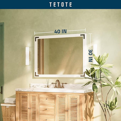 TETOTE 40 x 30 White Wood Framed Mirror for Bathroom Wall/Bedroom/Living Room/Entryway Farmhouse Rustic Bathroom Vanity Mirror Waterproof (Horizontal/Vertical Mounted)