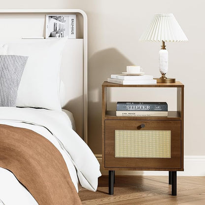 Rattan Nightstand with Storage Boho Modern Farmhouse Bedside Table with Drawer & Open Shelf Light Wood End Table for Bedroom, Living Room, Office, Dorm - Natural Walnut 0ak Color