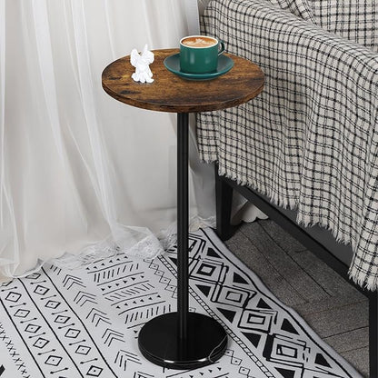 smusei Set of 2 Small Side Table for Small Spaces 2 Packs Drink Table Round Pedestal Side Tables with Marble Base for Sofa Couch Chair Patio, Brown and Black