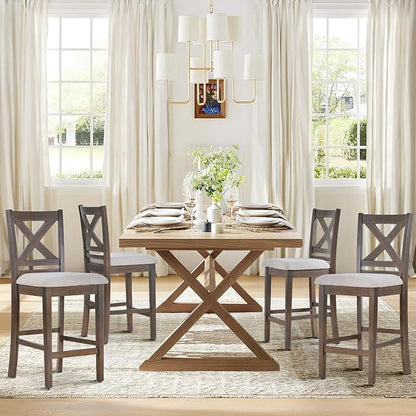 Upholstered Counter Height Bar Stools Set of 4, Modern Kitchen Island Barstools Chairs with Cross Back and Wood Legs for Dining Room Bar, Light Brown Wash