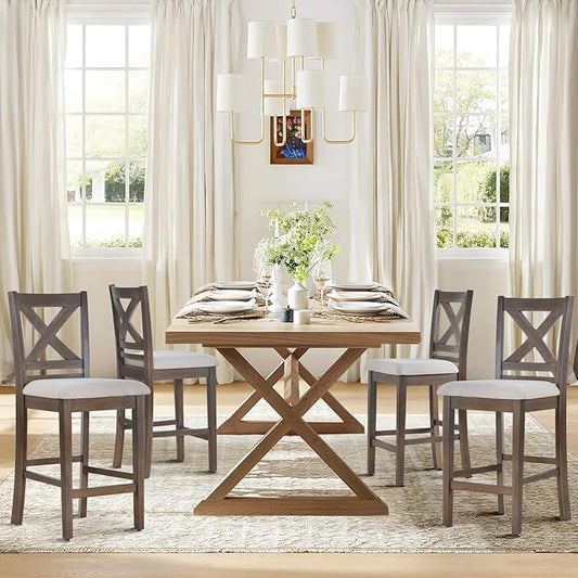 Upholstered Counter Height Bar Stools Set of 4, Modern Kitchen Island Barstools Chairs with Cross Back and Wood Legs for Dining Room Bar, Light Brown Wash