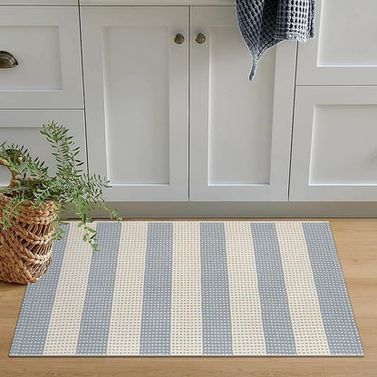 OJIA Front Door Mats Outdoor 24"x36" Machine Washable Indoor Outdoor Rugs Doormat Cotton Woven Entry Rug Striped Small Area Rugs for Front Porch/Bathroom/Farmhouse/Home Entrance (Blue/White/Tan)