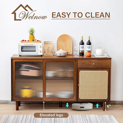 Welnow Buffet Cabinet, Bamboo Sideboard with Storage Rattan Kitchen Display Cabinet with Drawer, Boho Coffee Bar Tables for Kitchen, Living Room, Entryway, Office, Walnut