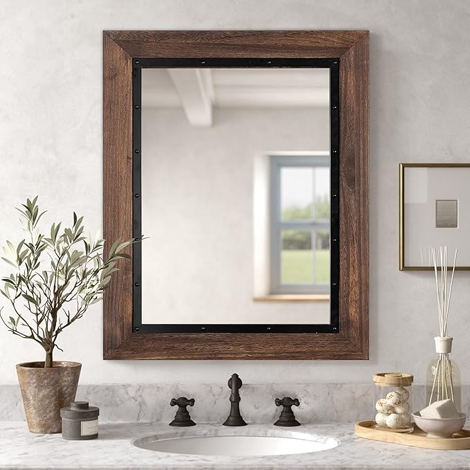 YOSHOOT Rustic Wooden Framed Wall Mirror, Natural Wood and Iron Bathroom Vanity Mirror for Farmhouse Decor, Vertical or Horizontal Hanging
