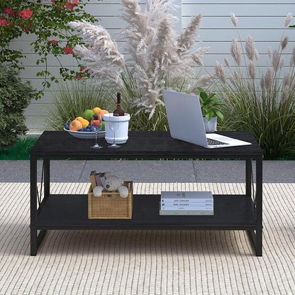 Rectangle Coffee Table Tea Table with Storage Shelf, Farmhouse Wooden Coffe Table for Living Room Table, 40" Rustic Center Table 2-Tier Minimalist Coffee Table Easy Assembly (Black)
