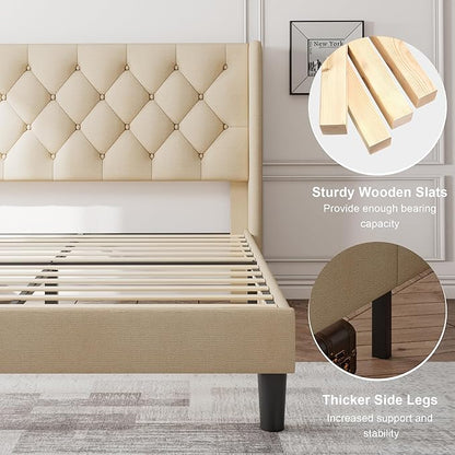Feonase King Size Bed Frame with Wingback Tufted Headboard, Upholstered Platform Bed Frame with Heavy Duty Wooden Slats Support, Noise-Free, No Box Spring Needed, Easy Assembly, Beige