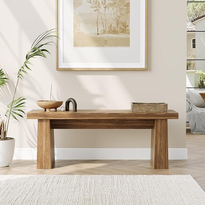 LITTLE TREE 47-Inch Wooden Entryway Bench, Farmhouse Dining Bench with Sturdy Frame for Dining Room, Bedroom, Living Room Hallway Kitchen, Easy Assembly (Walnut)
