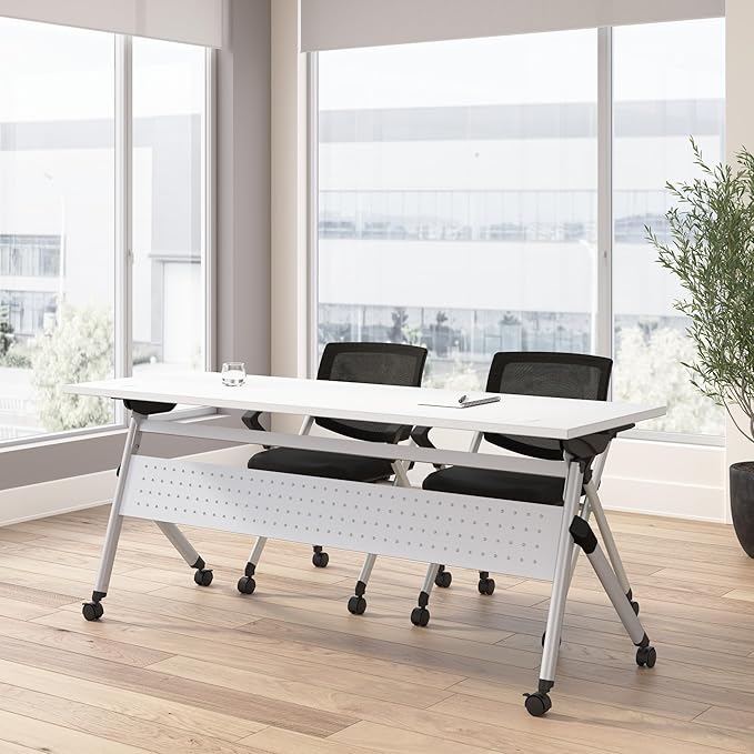 Bush Business Furniture Folding Training Table Set for 2, 72 inch, 2 Mesh Back Folding Chairs with Arms, Commercial-Grade Bundle for Office or Classroom, Envision Collection, White
