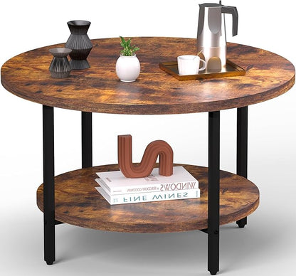 Coffee Table, 2 Tier Coffee Tables for Living Room, Round Coffee Table with Storage, Floor Table for Bedroom, Home Office, Rustic Brown (27.6" D x 17.7" H)