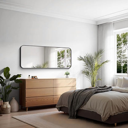 KOCUUY Black Rectangle Mirror, 20" x 48" Metal Frame Mirror with Rounded Corner, Classic Design of Upgraded Shatterproof Glass for Bathroom, Bedroom, Living Room, Entryway