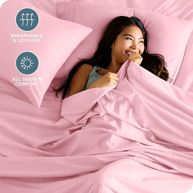 Bare Home Full XL Sheet Set - Luxury 1800 Ultra-Soft Microfiber Full Extra Long Bed Sheets - Double Brushed - Deep Pockets - Easy Fit - 4 Piece Set - Bedding Sheets & Pillowcases (Full XL, Light Pink)