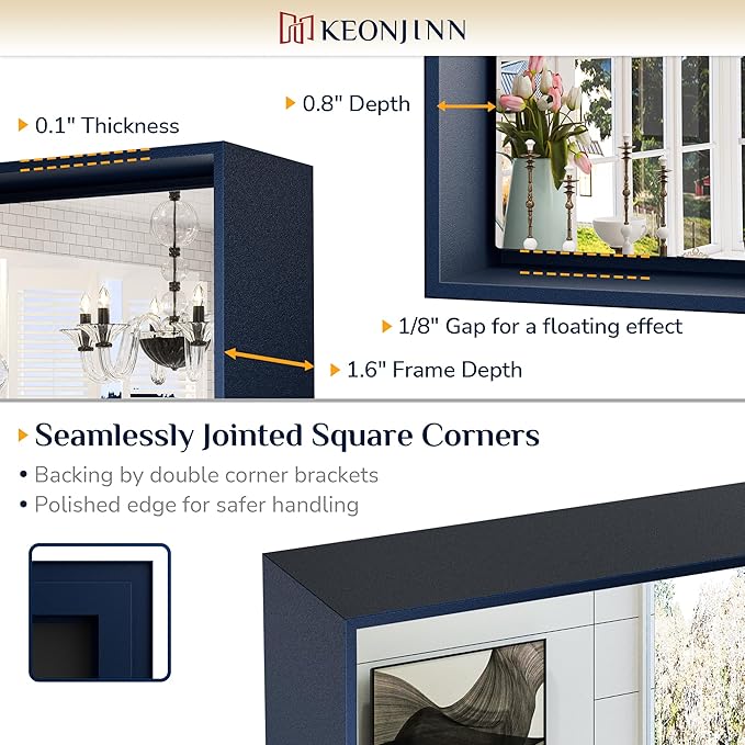 Keonjinn 30 x 36 Inch Blue Bathroom Mirror Metal Frame Navy Blue Wall Mirror for Bathroom Sink Rectangular Brushed Framed Vanity Mirror Square Corner Modern Rectangle Mirror(Horizontal/Vertical)