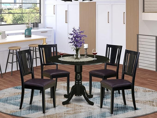 East West Furniture DLDU5-BLK-LC 5 Piece Modern Dining Table Set Includes a Round Wooden Table with Dropleaf and 4 Faux Leather Kitchen Dining Chairs, 42x42 Inch, Black