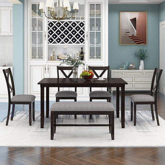 Ball & Cast 6 Piece Dining Table Set with 4 "X-Shaped Curved Backres Fabric Chairs & 1 Bench,Living Room Furniture W/ 60" Rectangle Kitchen Desk,for Restaurant,Home Bistro,Espresso