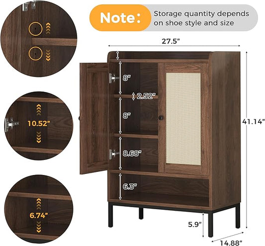 Rattan Shoe Cabinet Storage for Entryway, Shoe Cabinet with Adjustable Shelves for Entryway, 5-Tier, 20 Pair Shoe Rack Storage for Hallway, Closet, Living Room, Brown