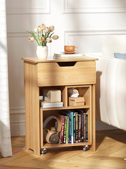 End Table Small Night Stand for Small Spaces Narrow Side Tables Bedside Table with Drawer Rolling Open Storage Shelf Accent Vintage Farmhouse Nightstand with Wheels for Living Room Bedroom Balcony