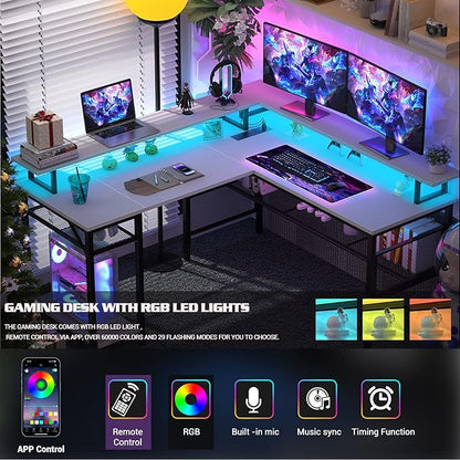 Unikito L Shaped Computer Desk with LED Strip and Power Outlets, Reversible Corner Desk with Monitor Stand and Storage Shelf, Modern Gaming Home Office Table with USB Ports, White