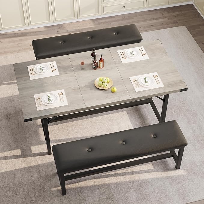 GarveeHome Dining Table Set for 4-6, 63" Extendable Wood Dining Room Table with Corner Protector & 2 Upholstered Benches, Kitchen Table Set for Apartment, Small Space, Easy Assembly,Retro Gray
