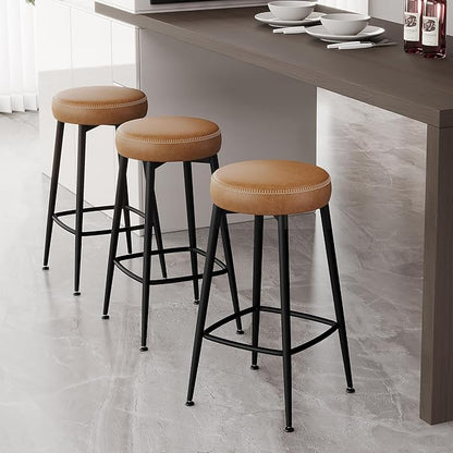 Counter Height Bar Stools, 26" H Backless Bar Stools Set of 4, Upholstered Faux Leather Kitchen Counter Stools, Mid Century Modern, Kitchen Island Home Bar, Pub, Caramel Brown