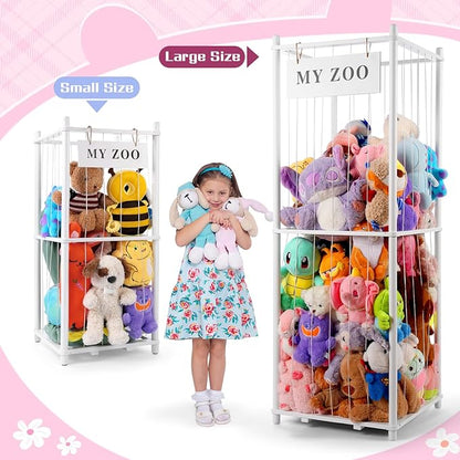 Stuffed Animal Storage Zoo, Wooden Stuffed Animal Organizer with Elastic Cords for Boys Girls, Space Saving Toy Plushies Storage Holder for Playroom, Bedroom, Living Room (White, Large)