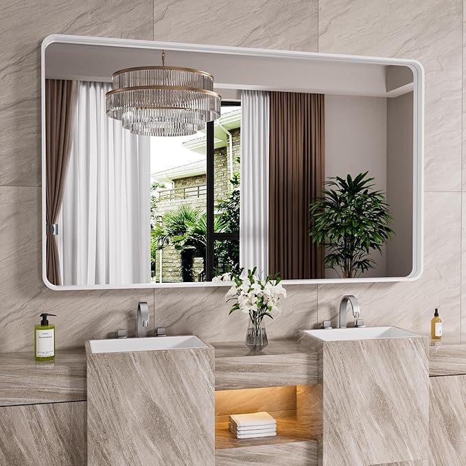 White Bathroom Mirror 60x30 Inch, White Metal Framed Bathroom Mirror for Wall, Rounded Rectangle Matte Bathroom Vanity Mirror, Tempered Glass, Anti-Rust, Horizontal/Vertical