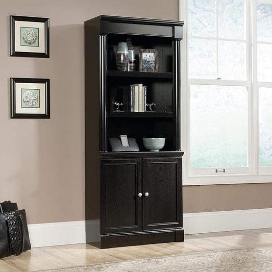 Sauder Palladia Library with Doors/Book Shelf, L: 29.37" x W: 13.90" x H: 71.85", Wind Oak