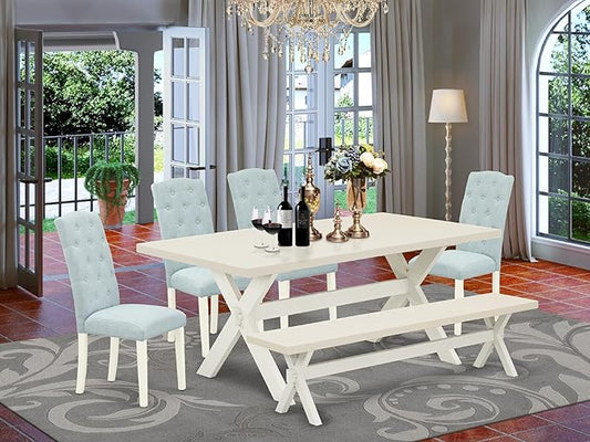 East West Furniture X027CE215-6 6 Piece Dining Room Set Contains a Rectangle Dining Table with X-Legs and 4 Baby Blue Linen Fabric Parson Chairs with a Bench, 40x72 Inch, Multi-Color