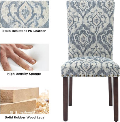 COLAMY Upholstered Parsons Dining Chairs Set of 6, Fabric Dining Room Kitchen Side Chair with Nailhead Trim and Wood Legs - Blue/White Flower