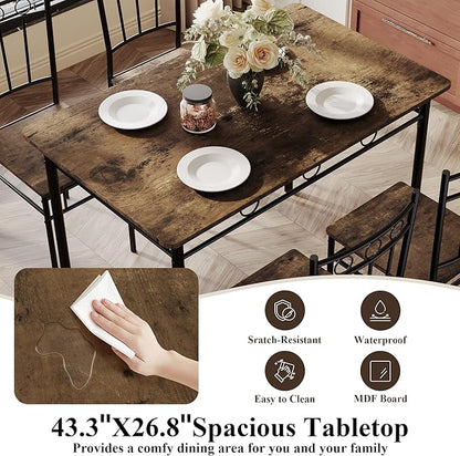 5 Piece Dining Table Set, Modern Metal&Wood Kitchen Dinner Table with 4 Chairs, Dining Room Table Sets for Small Spaces, Brown