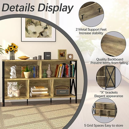 Horizontal Bookshelf,Industrial Modern 5 Cube Low Wide Cubby Bookcase,Long Wood and Metal Storage Organizer Open Shelf, Short Book Shelf Bedroom Storage for Home Office Living Room(Rustic Oak,5 Cube)